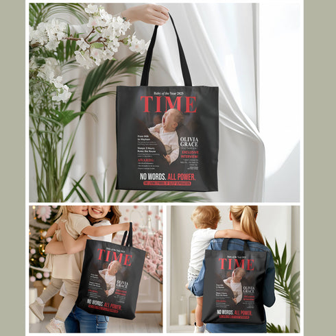 Personalized TIME Baby Magazine Tote Bag – Custom Photo, Name & Quote | Funny Gift for Mom